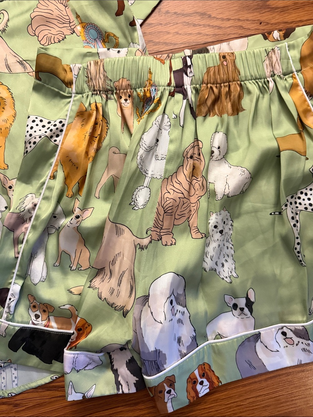 Karen Mabon Dog Print Satin Pajama Set in Light Green - Picture 2 of 7
